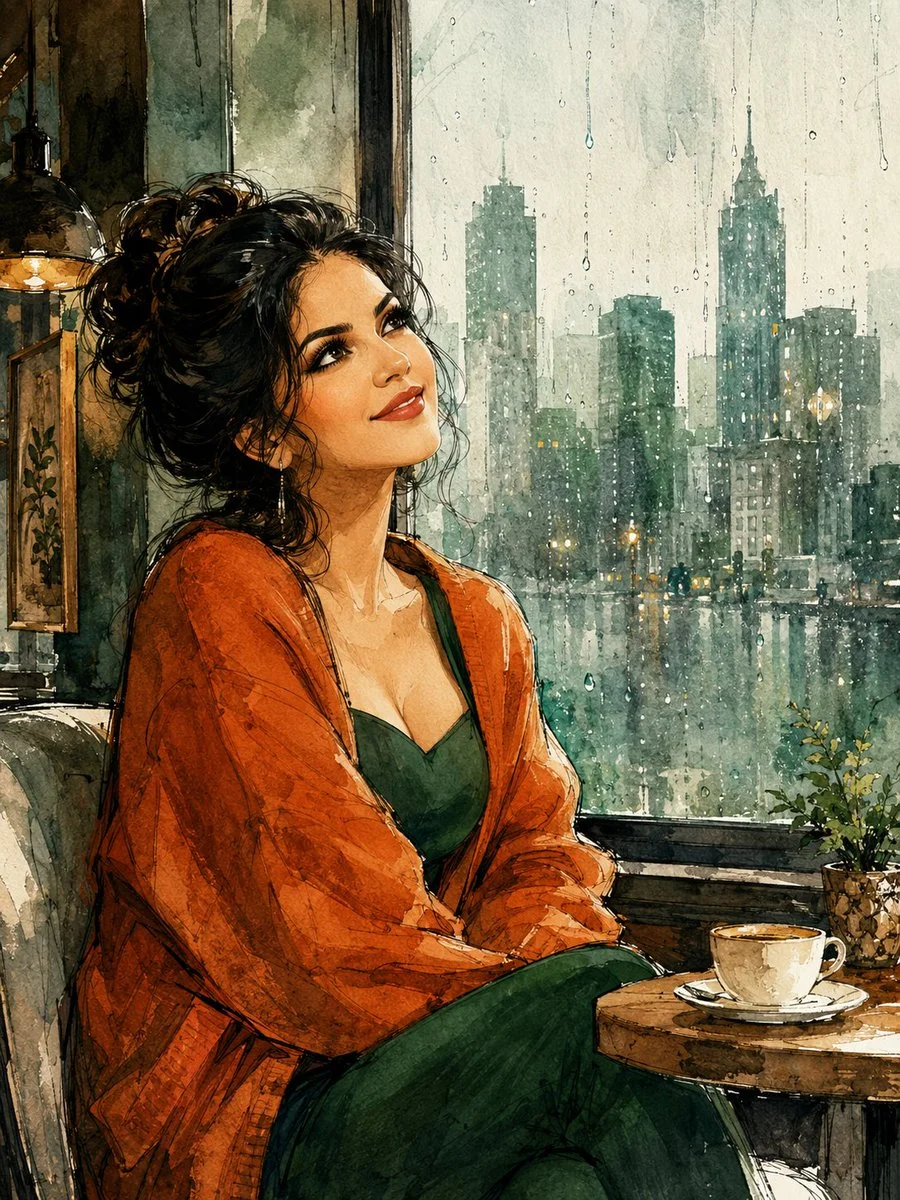A dreamy woman in a café gazes at rainy city lights.