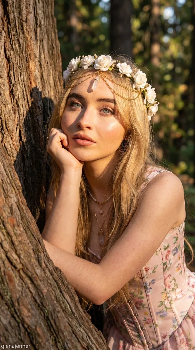 A dreamy woman rests against a tree in golden forest light