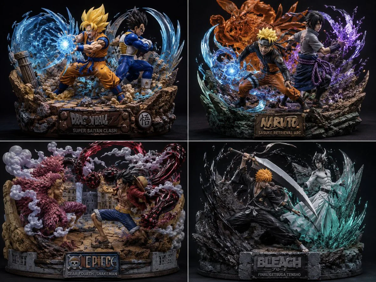 A dynamic diorama captures Goku's Kamehameha against Vegeta in ruined city