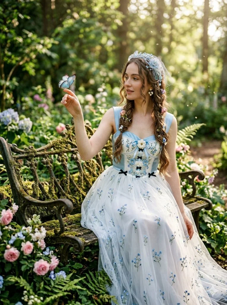 A fairy-tale maiden extends her hand to a blue butterfly.