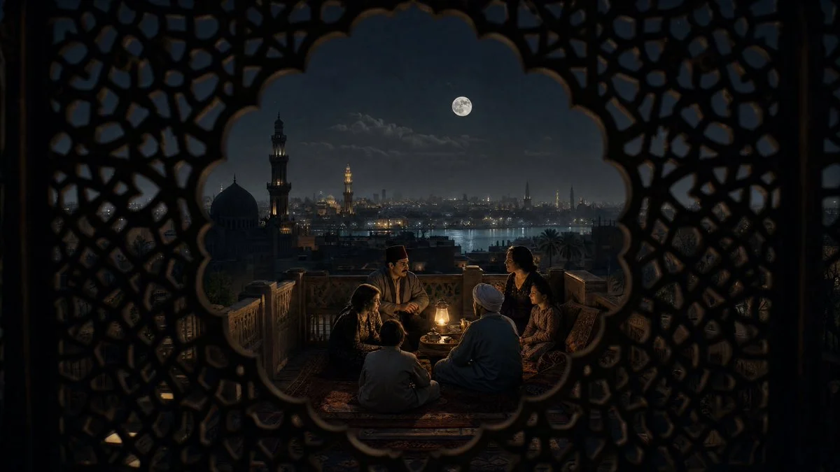 A family gathers by lantern light through carved mashrabiya screen