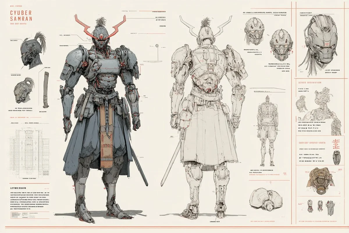 A fantasy warrior character sheet shows front back and side views