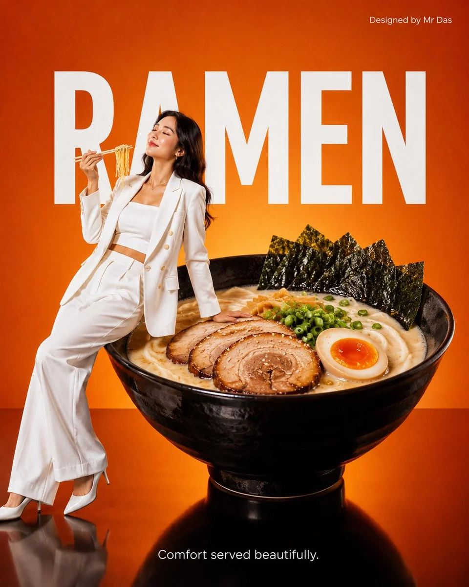 A fashionable woman in white leans against a giant ramen bowl