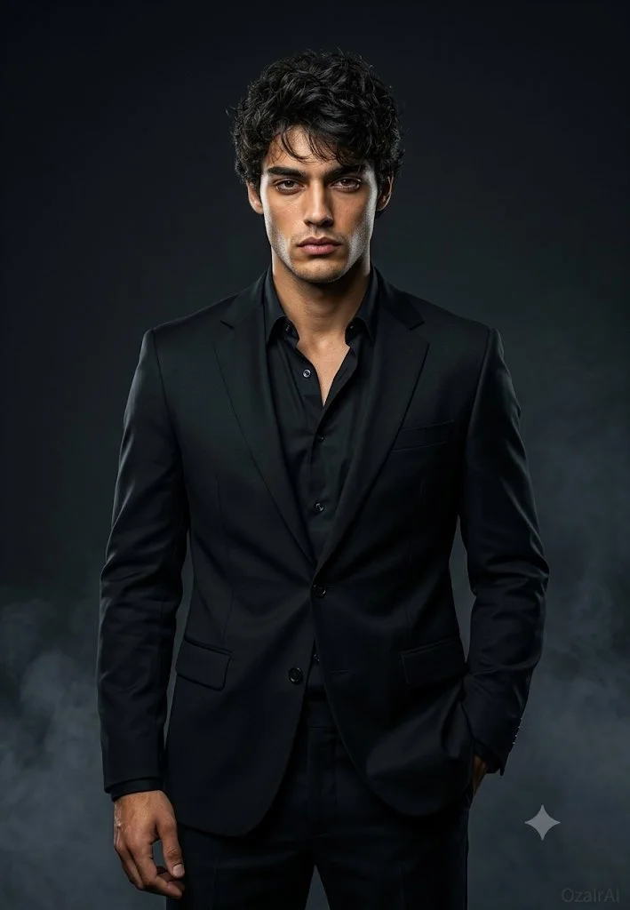 A fearless model in a tailored black suit commands the camera