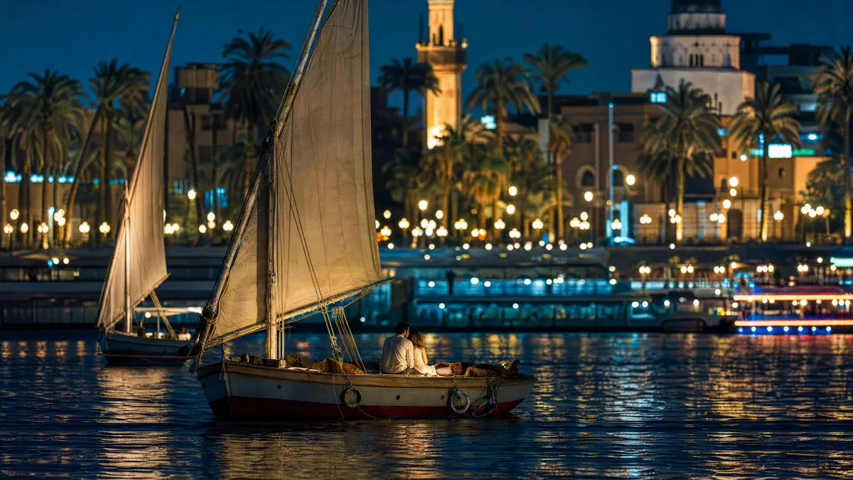 A felucca glides past a couple beneath glowing palm trees at night.