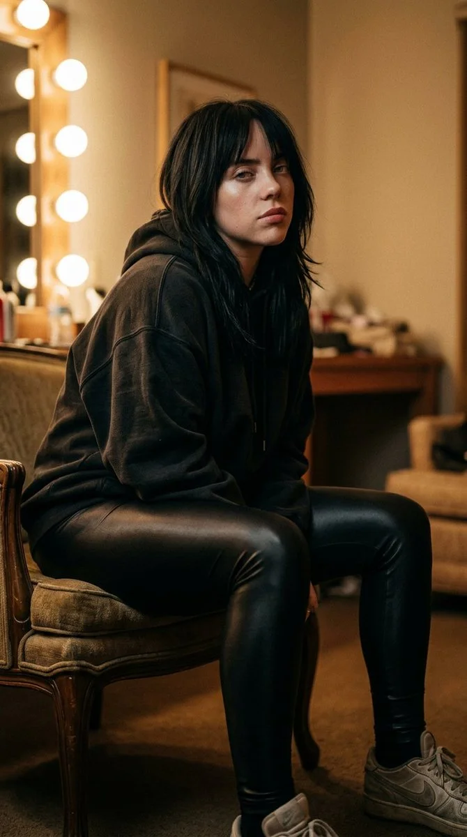 A fictional Billie Eilish lookalike lingers over a discordant piano chord