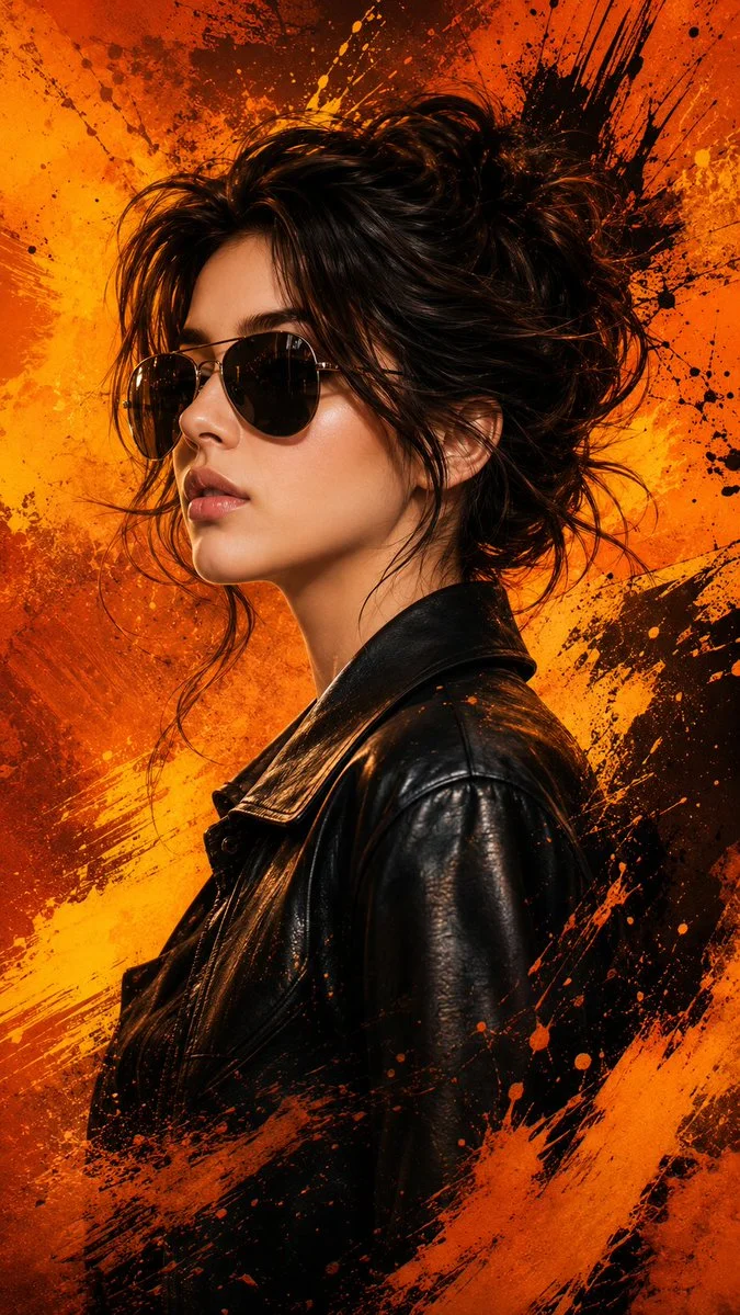 A fierce woman in black leather glows against fiery orange backdrop