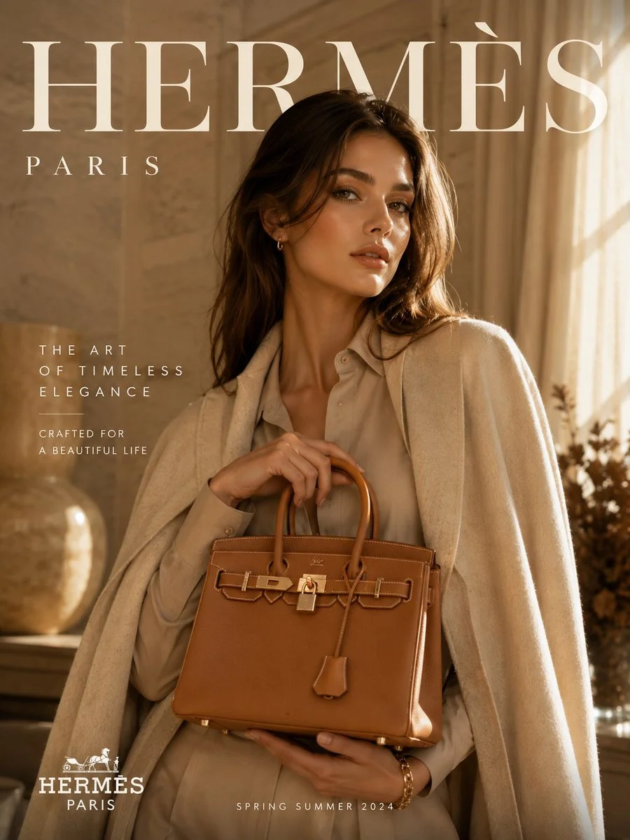 A flawless supermodel poses gracefully with a premium designer handbag
