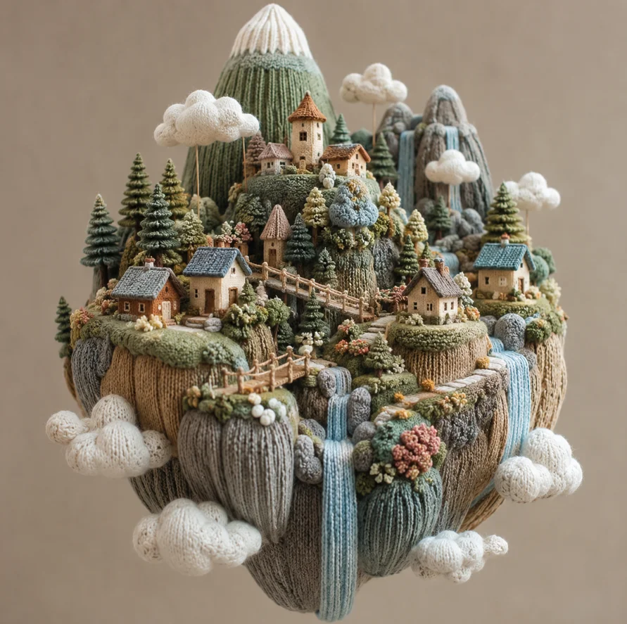 A floating alpine hamlet sculpted from knitted wool and linen