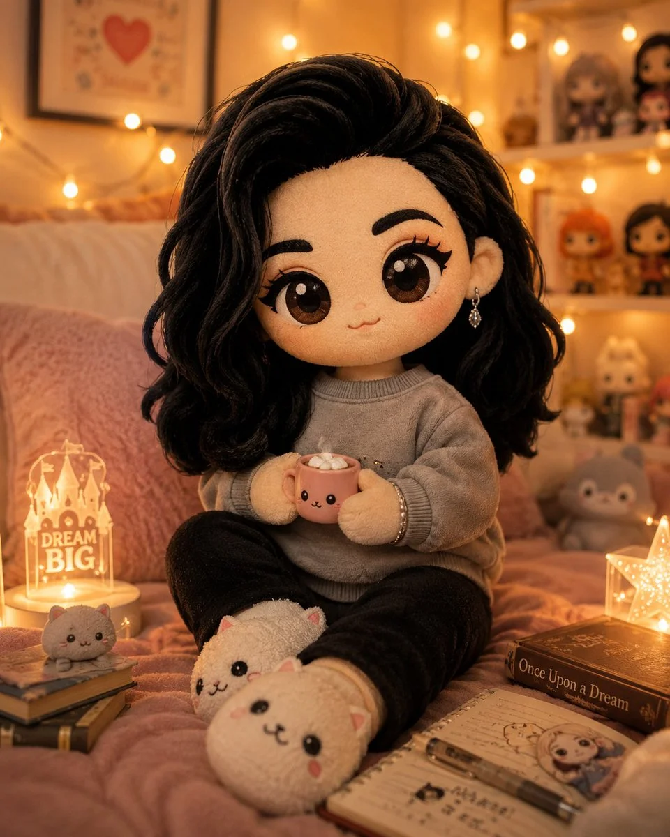A fluffy plush toy sits in a cozy fairy-lit bedroom