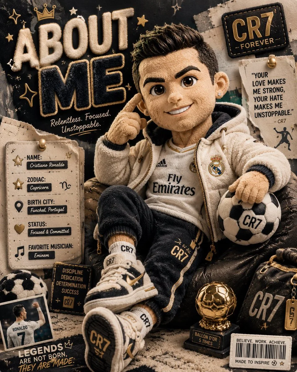 A fluffy toy character poses in a luxury editorial poster design