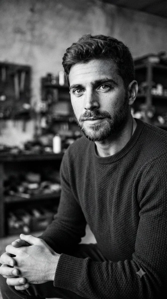 A focused craftsman contemplates his next creative move in a rustic workshop.