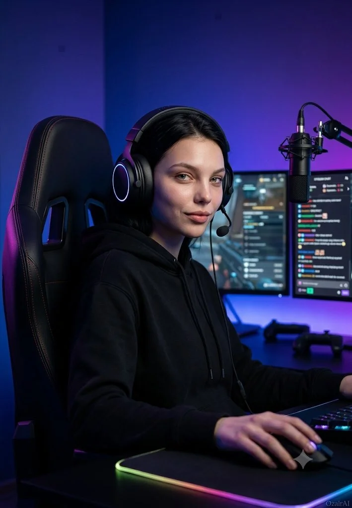 A focused gamer in a RGB-lit streaming room engages viewers live.