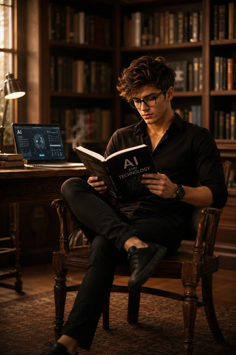 A focused young man reads an AI book in a warm library