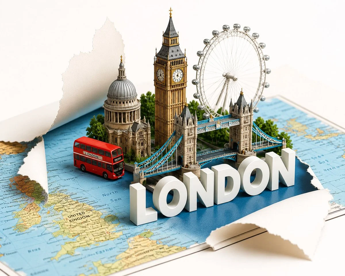 A folded map transforms into a vibrant 3D travel diorama