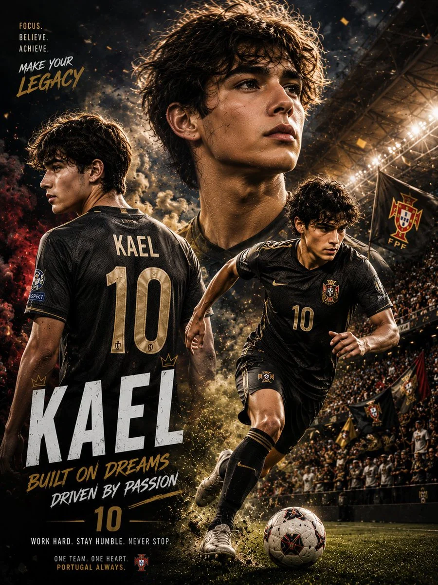 A football superstar stands tall in a dramatic triple-exposure poster
