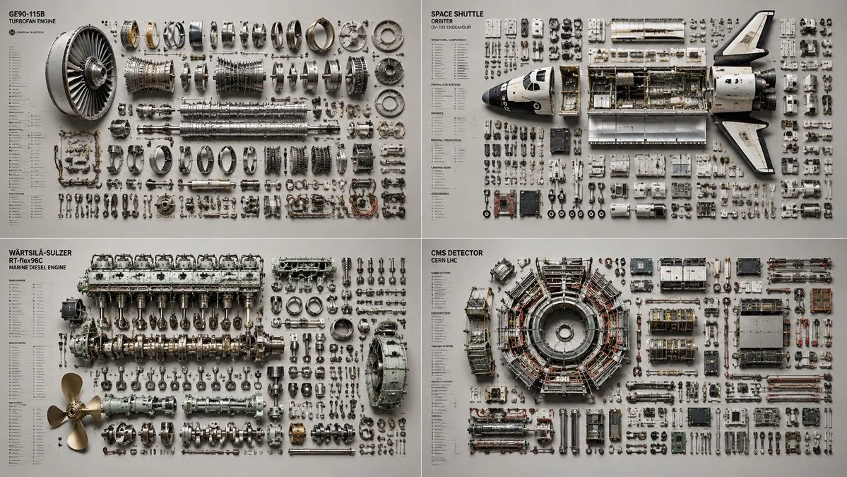 A forensic flat-lay dissects a jet engine's components with surgical precision