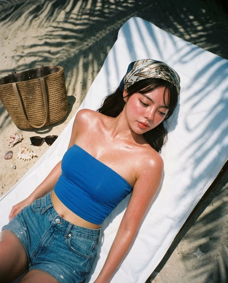 A friend captures a relaxed beach portrait from above with Dutch tilt