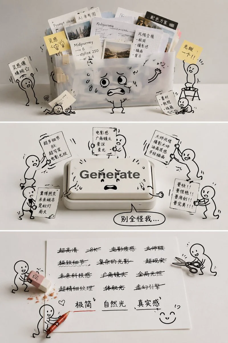 A frustrated artist deletes prompts while tiny doodles express emotions