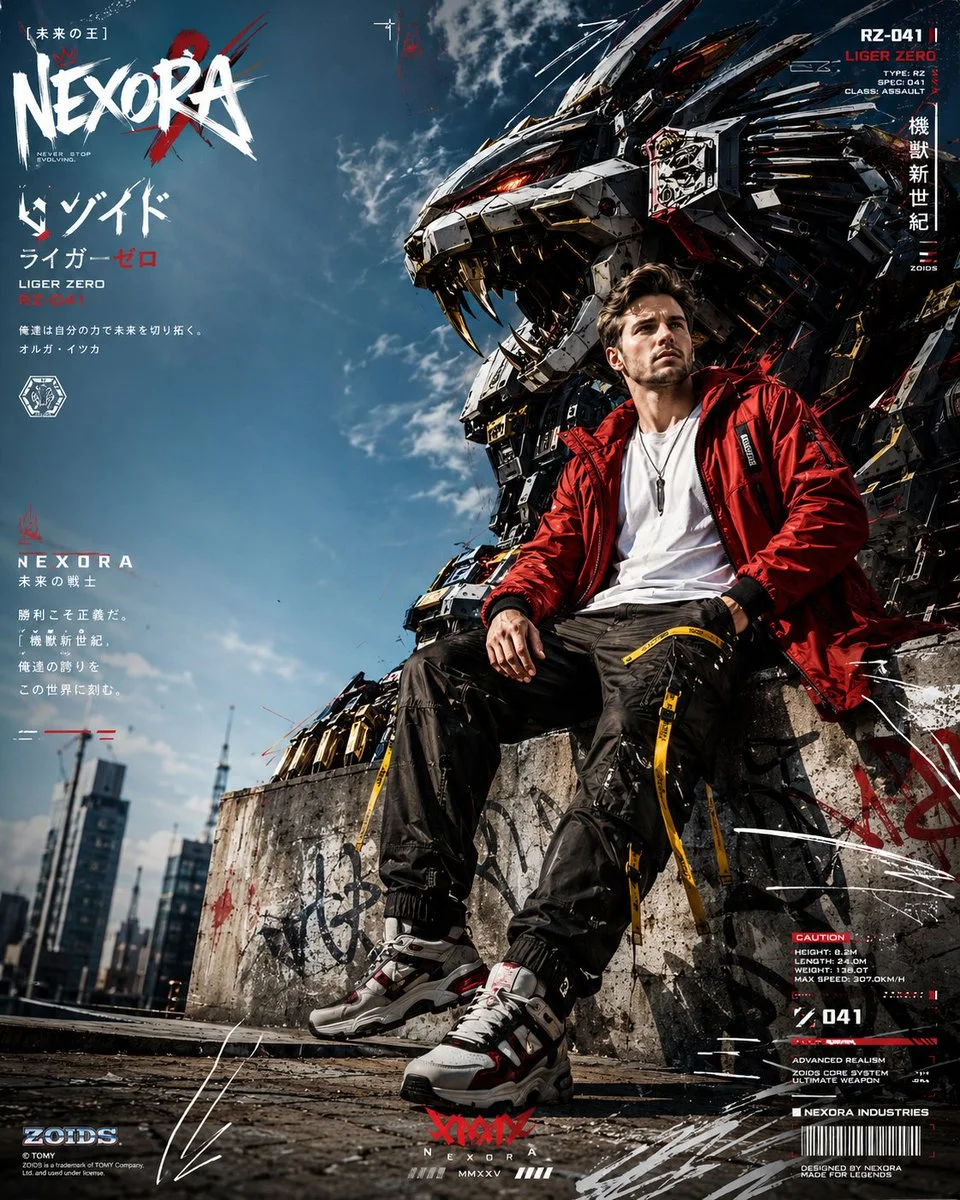A futuristic fashion model sits on a sunlit rooftop ledge