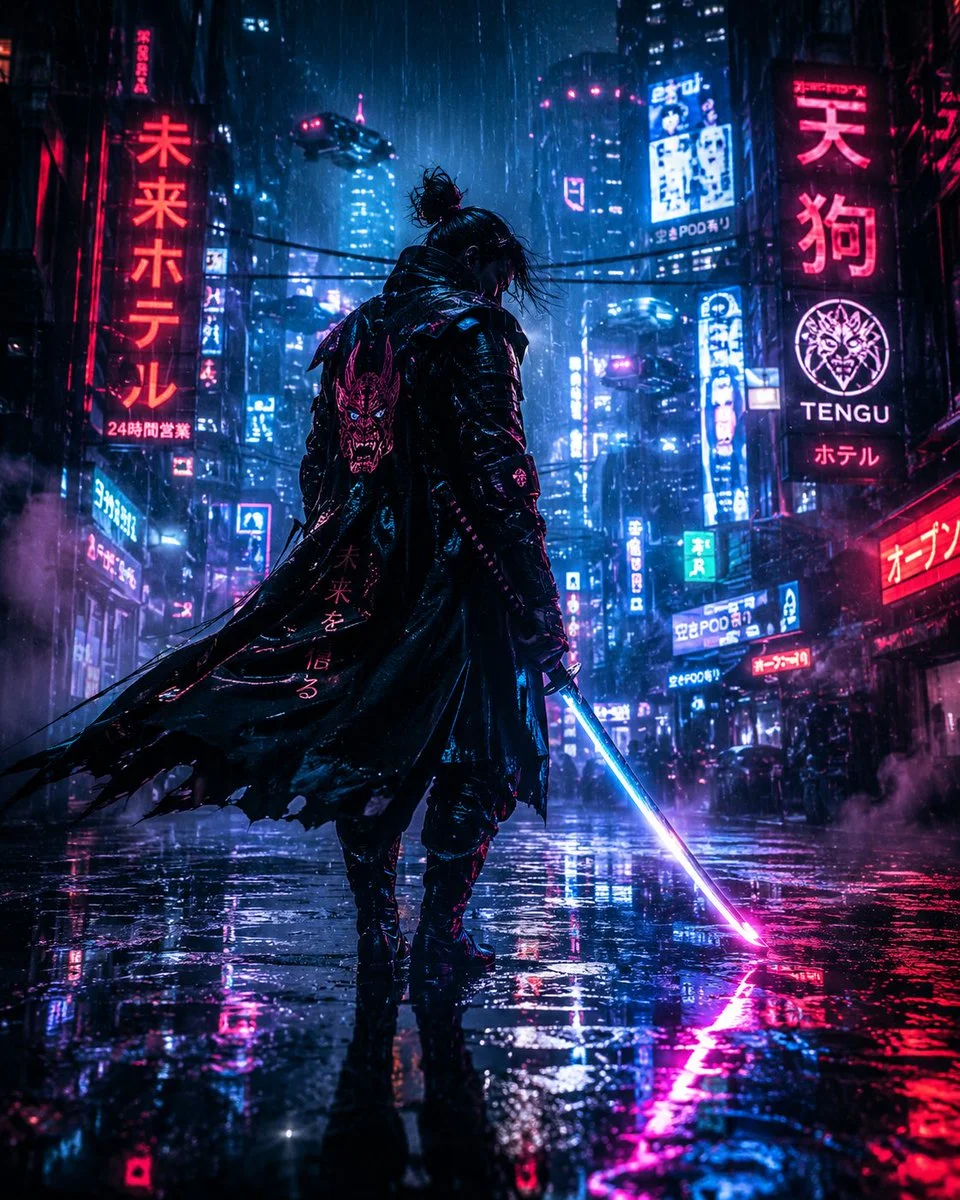 A futuristic samurai walks through neon-lit cyberpunk rain.