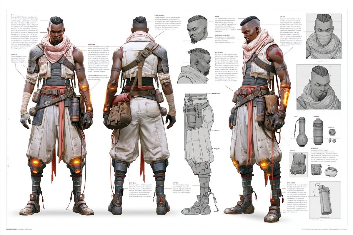 A futuristic warrior's concept sheet displays front and back views.
