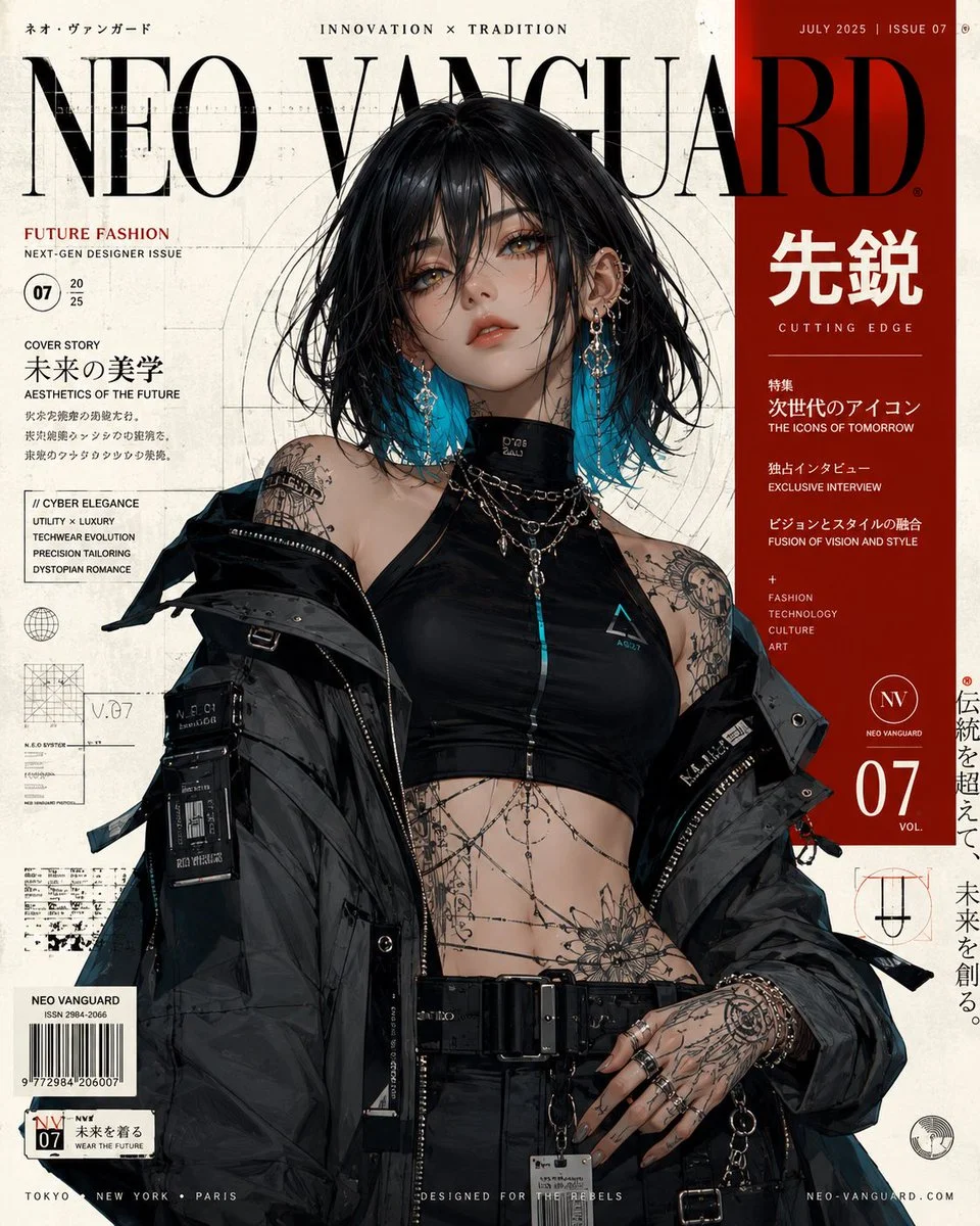 A futuristic woman in charcoal jacket poses for Neo Vanguard cover