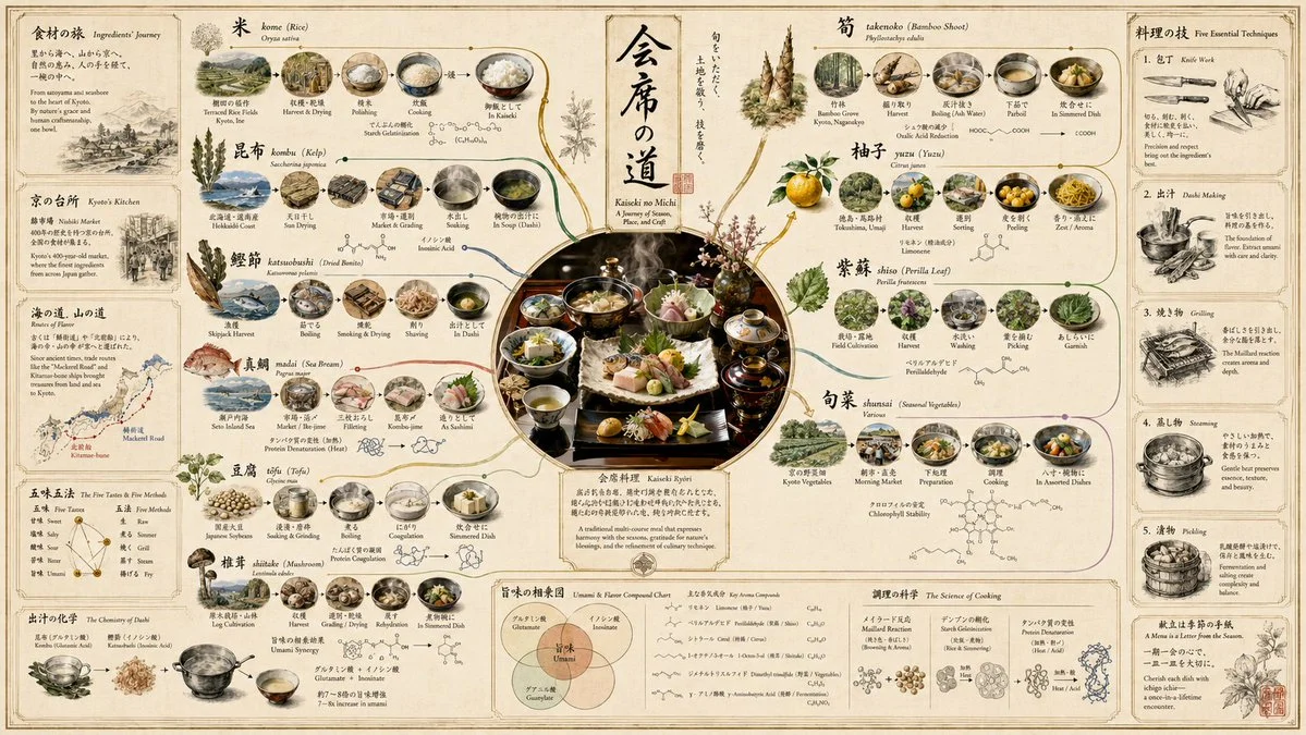 A gastronomic manuscript traces each ingredient's journey from origin to plate.