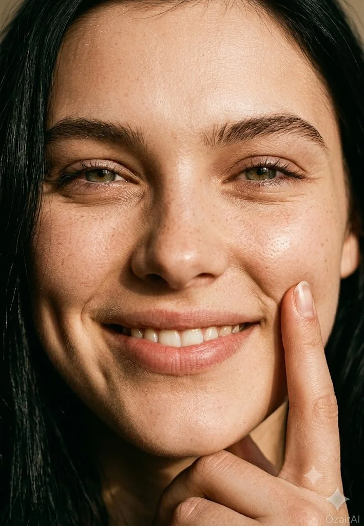 A genuine smile with a finger pressing softly creates a dimple.
