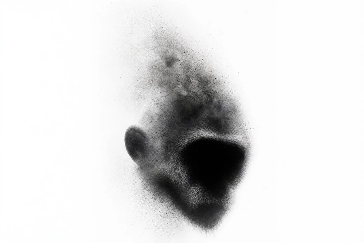 A ghostly monkey head dissolves into a white void