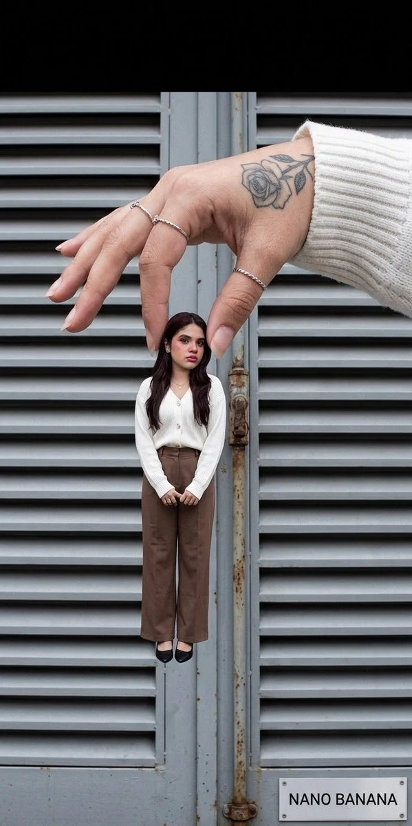 A giant hand holds a miniature twin in surreal scale play.