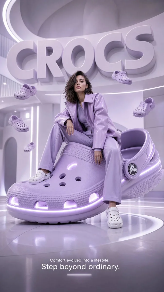 A giant lavender Croc floats in a futuristic lavender studio