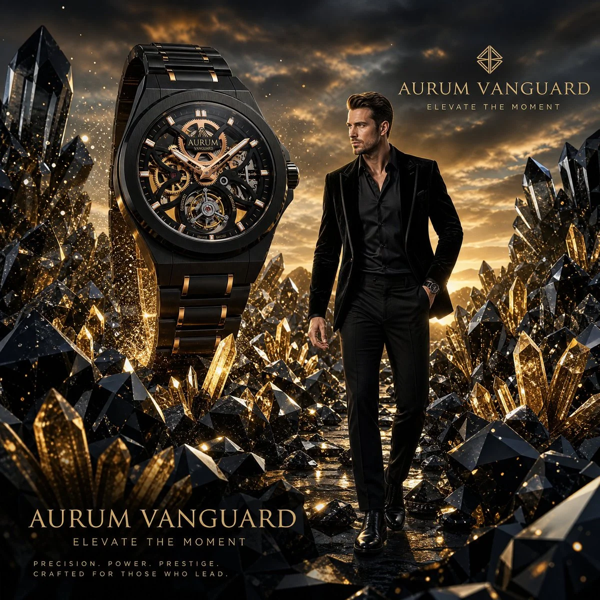 A giant luxury watch rises from black diamond crystal fields beside a model