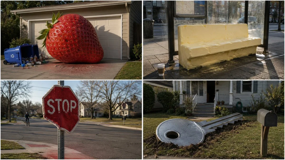 A giant strawberry casts a long shadow across a suburban driveway