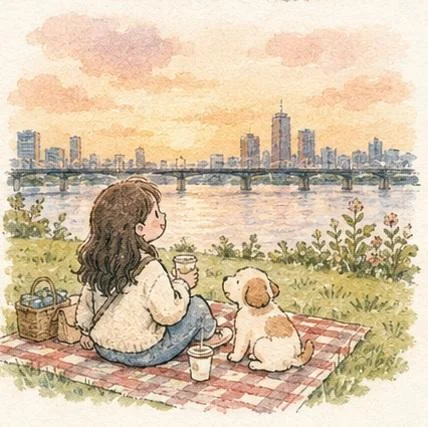 A girl explores a peaceful city with her puppy and cat.