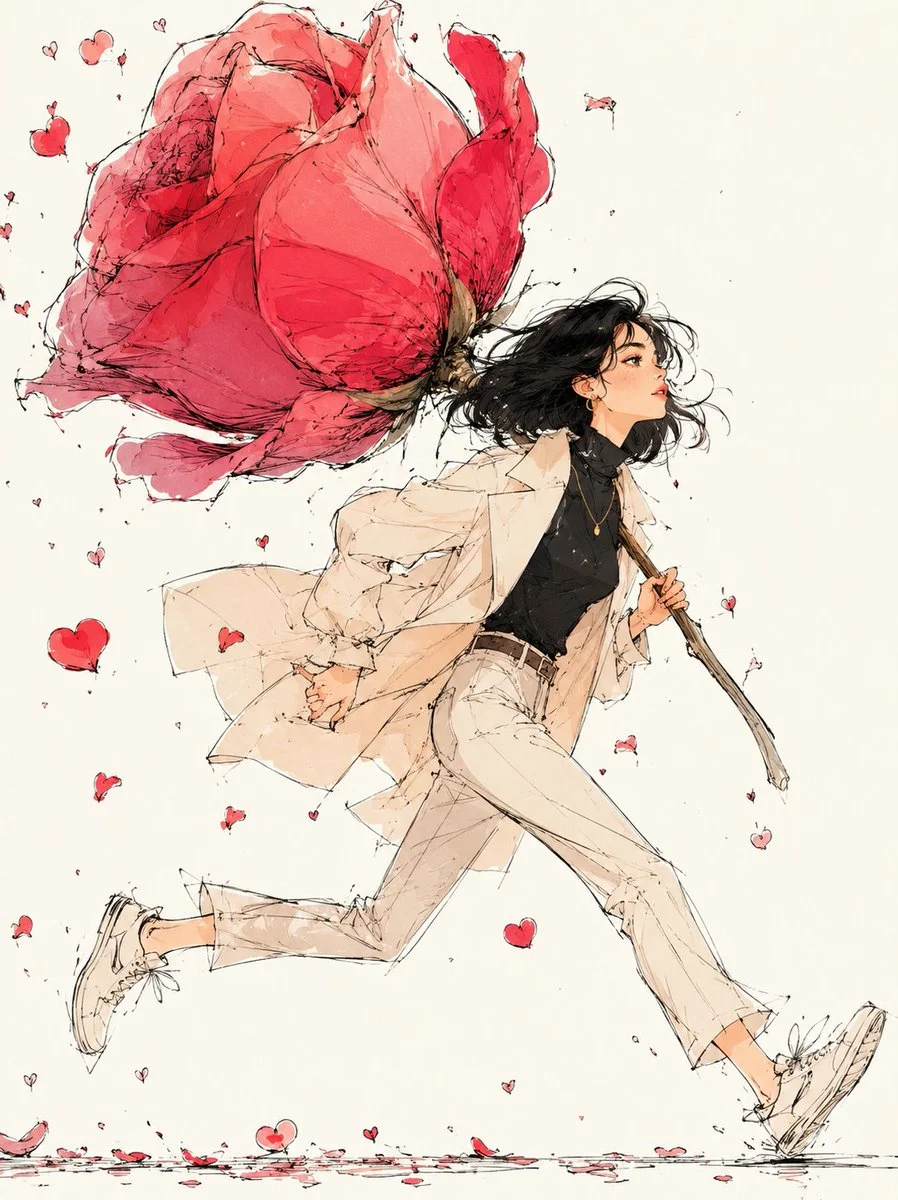 A girl flees through chaos with a giant rose overhead