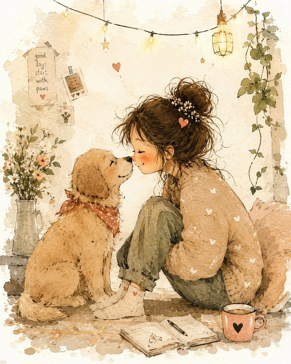 A girl hugs her fox in a misty meadow watercolor scene