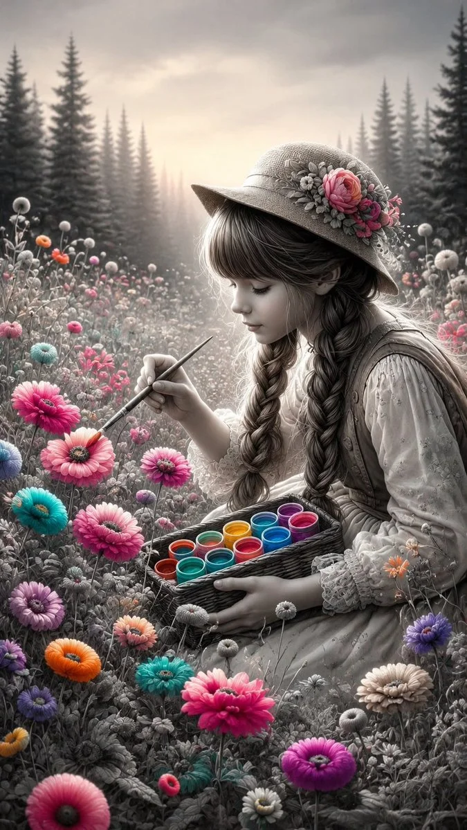A girl paints vivid flowers in a monochrome misty field.