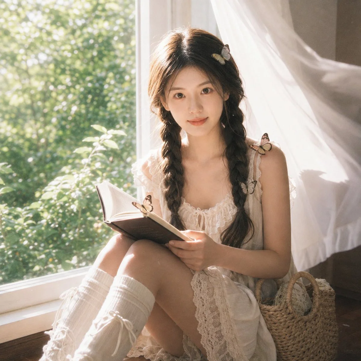 A girl reads by a sunlit window while butterflies rest gently