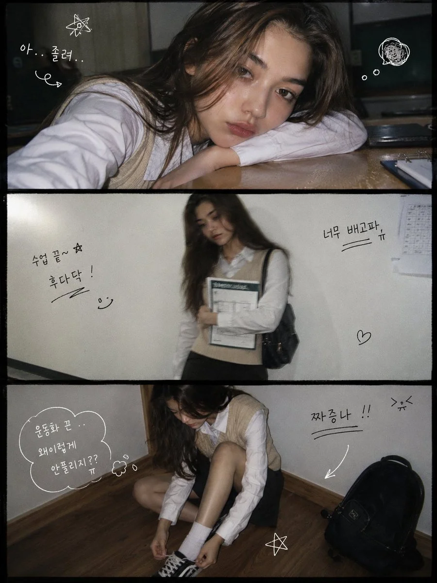 A girl rests her chin on a desk in a beige vest