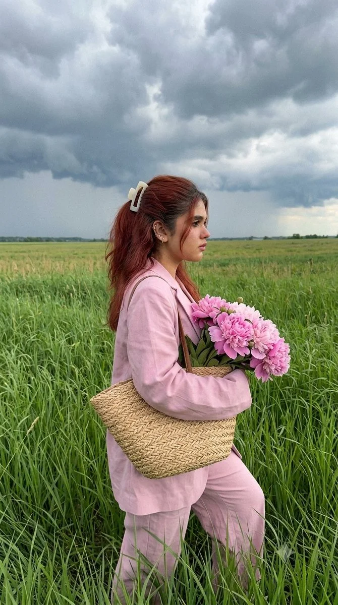 A girl walks through tall grass before an approaching storm