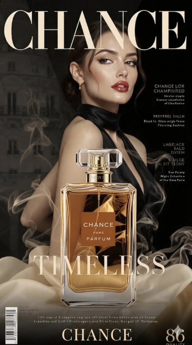 A glamorous woman in a black halter dress holds CHANCE perfume