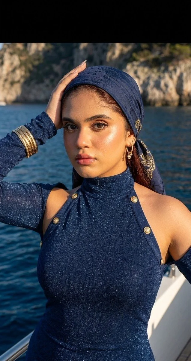 A glamorous woman in navy gazes across the sparkling sea