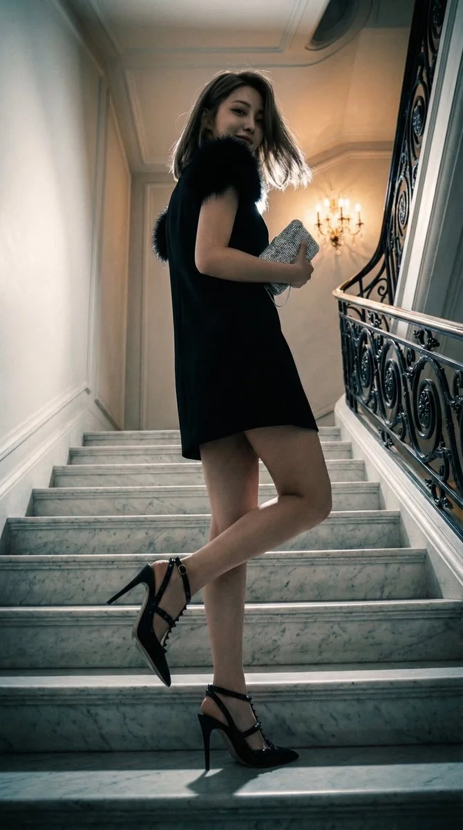 A Glance that Says It All: Elegance on the Stairs