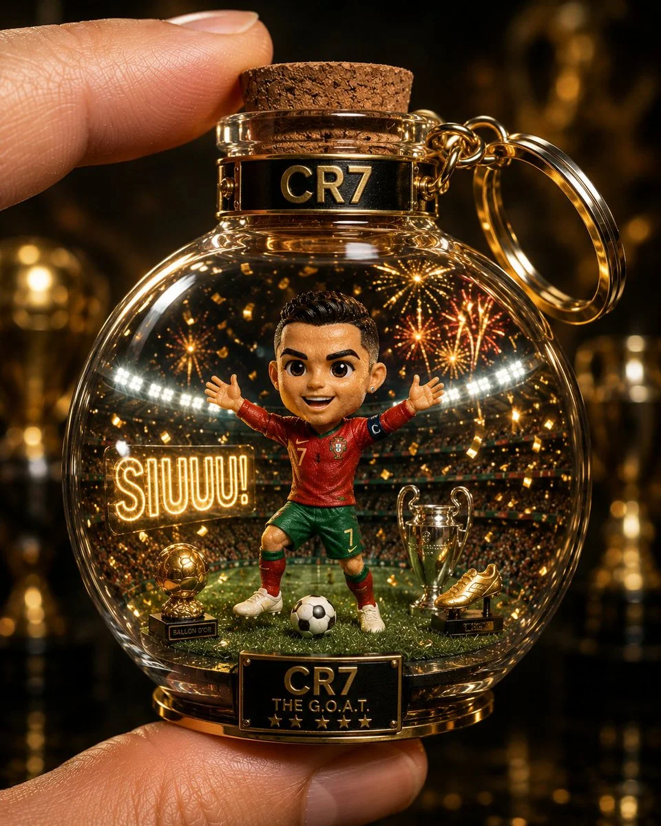 A glass bottle keychain holds a chibi Messi celebrating with real trophies.