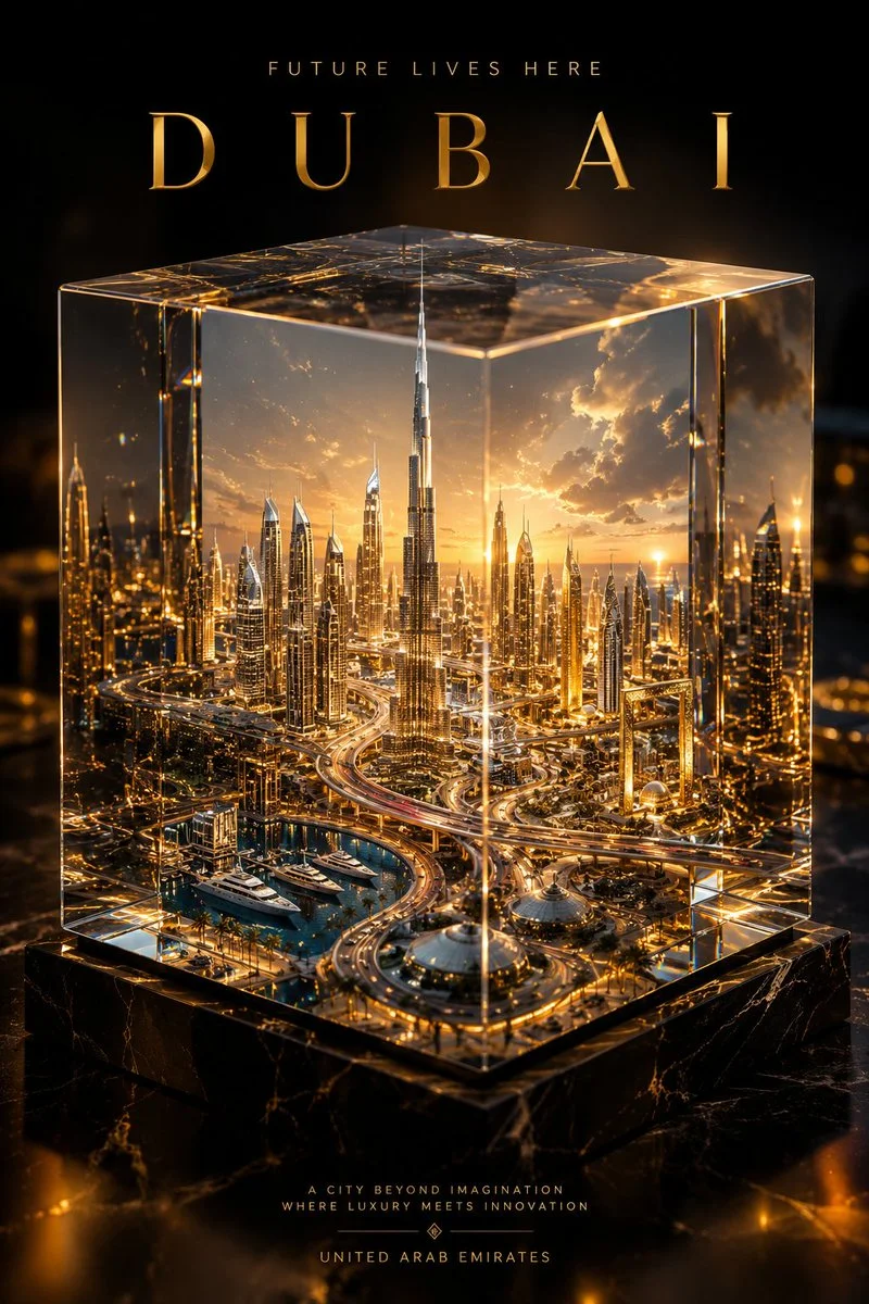 A glowing miniature Paris trapped inside a crystal cube