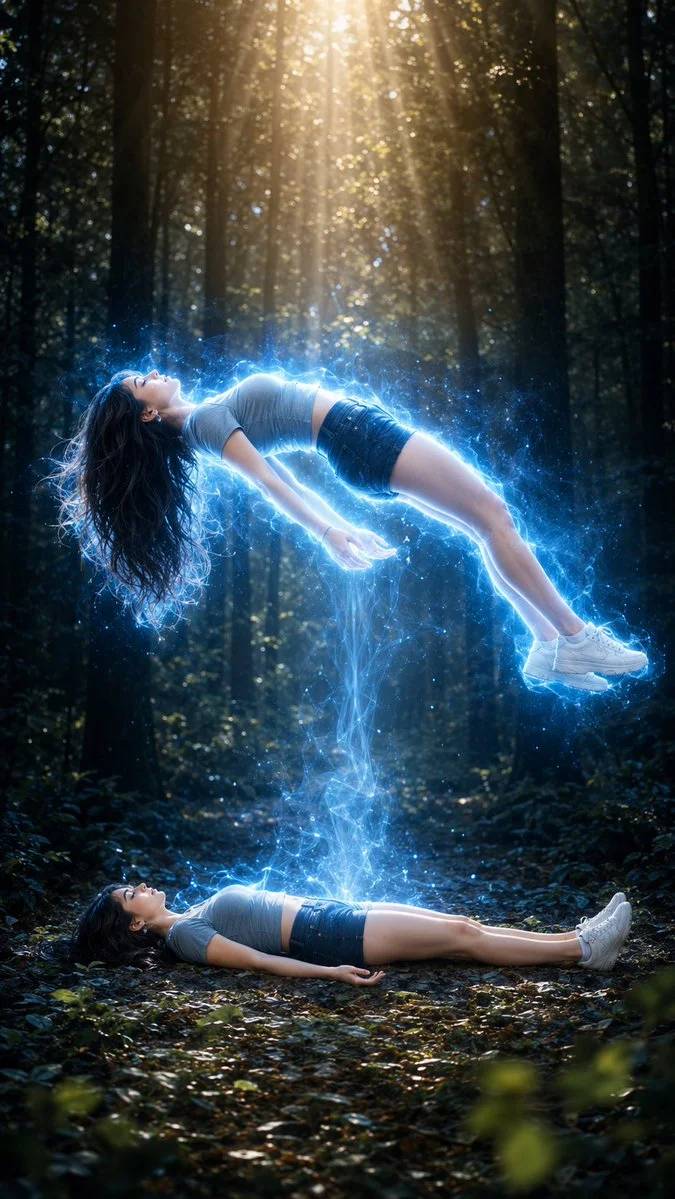 A glowing spirit hovers over a peaceful body in a sunlit forest