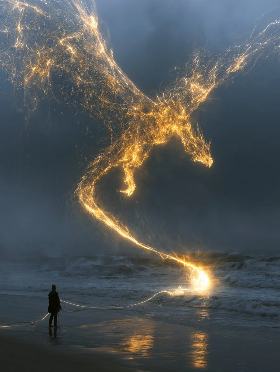 A golden dragon outlined with city lights flies above a lone figure on a beach.