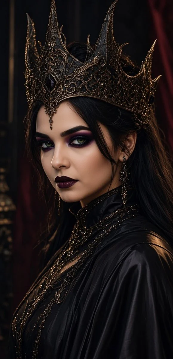 A gothic queen's crown casts an ominous glow in dark portrait