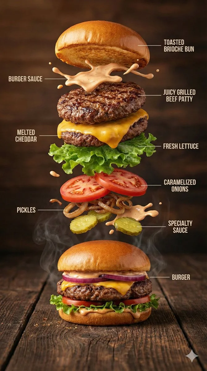 A Gourmet Burger in Mid-Air: The Art of Flavor